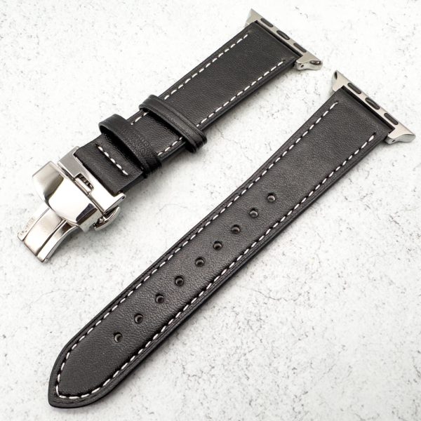 Genuine Leather Strap With Butterfly Clasp Apple Watch - Black