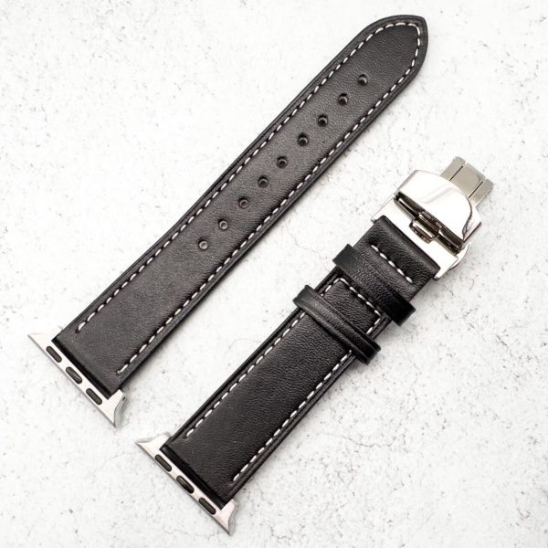 Genuine Leather Strap With Butterfly Clasp Apple Watch - Black