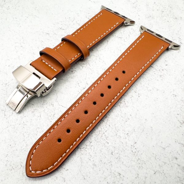 leather-apple-watch-strap-in-tan-brown-with-butterfly-clasp-2.jpg Genuine Leather Strap With Butterfly Clasp Apple Watch - Tan Brown