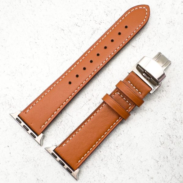 leather-apple-watch-strap-in-tan-brown-with-butterfly-clasp-4.jpg Genuine Leather Strap With Butterfly Clasp Apple Watch - Tan Brown