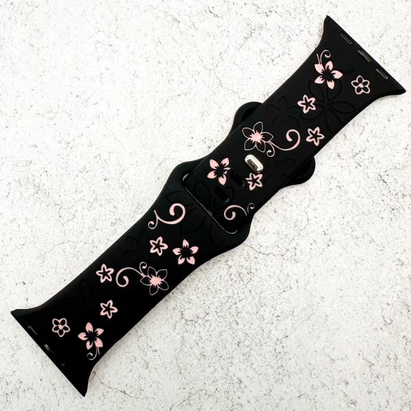 silicone-floral-engraved-strap-for-apple-watch-black-pink-1.jpg Silicone Floral Engraved Watch Strap Apple Watch - Black / Pink