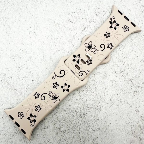 Silicone Floral Engraved Watch Strap Apple Watch - Starlight White / Black